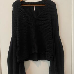 small free people black bell sleeve knit v neck sweater